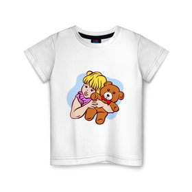 Детская футболка хлопок с принтом Девочка и медведь , 100% хлопок | круглый вырез горловины, полуприлегающий силуэт, длина до линии бедер | Тематика изображения на принте: детские | для ребенка | дочка | игрушка | медведь | медвежонок | мишка | мишутка