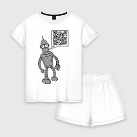 Женская пижама с шортиками хлопок с принтом Построю свой мир , 100% хлопок | футболка прямого кроя, шорты свободные с широкой мягкой резинкой | qr код | интернет | мультики | мультфильмы | надпись | технологии | футурама | шифр