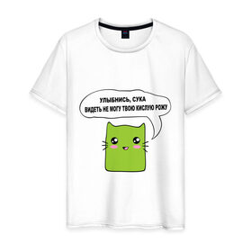 Мужская футболка хлопок с принтом Улыбнись , 100% хлопок | прямой крой, круглый вырез горловины, длина до линии бедер, слегка спущенное плечо. | зеленый котик | киса | кислая рожа | котенок | котик | кошка | улыбнись