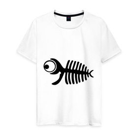 Мужская футболка хлопок с принтом Скелет рыбки , 100% хлопок | прямой крой, круглый вырез горловины, длина до линии бедер, слегка спущенное плечо. | Тематика изображения на принте: скелет