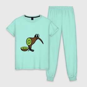 Женская пижама хлопок с принтом Птичка Киви , 100% хлопок | брюки и футболка прямого кроя, без карманов, на брюках мягкая резинка на поясе и по низу штанин | еда | животные | звери | птица | фрукты