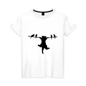 Женская футболка хлопок с принтом Котенок и птички , 100% хлопок | прямой крой, круглый вырез горловины, длина до линии бедер, слегка спущенное плечо | 