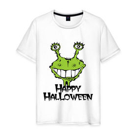 Мужская футболка хлопок с принтом Happy Halloween -монстрик , 100% хлопок | прямой крой, круглый вырез горловины, длина до линии бедер, слегка спущенное плечо. | hallowen | helloveen | день всех святых | хэллоуин | хэлоуин