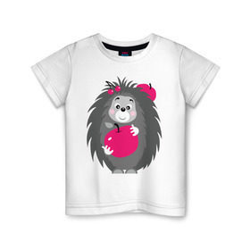 Детская футболка хлопок с принтом Ёжик держит яблоко , 100% хлопок | круглый вырез горловины, полуприлегающий силуэт, длина до линии бедер | Тематика изображения на принте: ежик | животные | милые создания