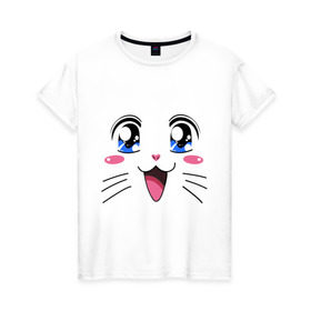 Женская футболка хлопок с принтом Японская кошечка , 100% хлопок | прямой крой, круглый вырез горловины, длина до линии бедер, слегка спущенное плечо | аниме | глаза | глазки | девушкам | киса | кот | коте | котенок | кошечка | кошка | милые создания | мордочка | японская кошечка