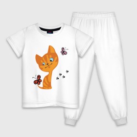 Детская пижама хлопок с принтом Котенок с бабочками , 100% хлопок |  брюки и футболка прямого кроя, без карманов, на брюках мягкая резинка на поясе и по низу штанин
 | для девушек | котенок | котенок с бабочкой | кошки