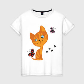 Женская футболка хлопок с принтом Котенок с бабочками , 100% хлопок | прямой крой, круглый вырез горловины, длина до линии бедер, слегка спущенное плечо | для девушек | котенок | котенок с бабочкой | кошки