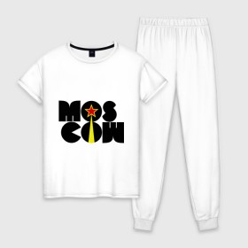 Женская пижама хлопок с принтом Mos-Cow , 100% хлопок | брюки и футболка прямого кроя, без карманов, на брюках мягкая резинка на поясе и по низу штанин | mos cow | москва