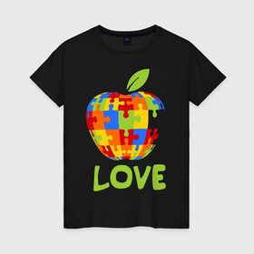 Женская футболка хлопок с принтом Apple пазл , 100% хлопок | прямой крой, круглый вырез горловины, длина до линии бедер, слегка спущенное плечо | apple | love apple | люблю эппл | паззлы | яблоко