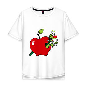 Мужская футболка хлопок Oversize с принтом Яблочко с червячком , 100% хлопок | свободный крой, круглый ворот, “спинка” длиннее передней части | apple | iphone | джобс | коммуникатор | комуникатор | пятый айфон | телефон | фрукт | червяк | яблоко