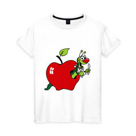 Женская футболка хлопок с принтом Яблочко с червячком , 100% хлопок | прямой крой, круглый вырез горловины, длина до линии бедер, слегка спущенное плечо | apple | iphone | джобс | коммуникатор | комуникатор | пятый айфон | телефон | фрукт | червяк | яблоко