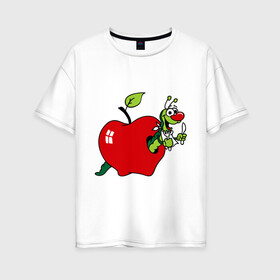 Женская футболка хлопок Oversize с принтом Яблочко с червячком , 100% хлопок | свободный крой, круглый ворот, спущенный рукав, длина до линии бедер
 | apple | iphone | джобс | коммуникатор | комуникатор | пятый айфон | телефон | фрукт | червяк | яблоко