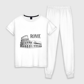 Женская пижама хлопок с принтом ROME (эскиз) , 100% хлопок | брюки и футболка прямого кроя, без карманов, на брюках мягкая резинка на поясе и по низу штанин | италия | колизей | рим | туристам