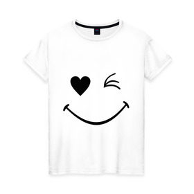 Женская футболка хлопок с принтом Подмигивающий смайлик , 100% хлопок | прямой крой, круглый вырез горловины, длина до линии бедер, слегка спущенное плечо | smile | для девушек | мордочка | позитив | рожица | сердечко | смайл | смайлик | улыбка