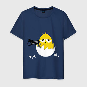 Мужская футболка хлопок с принтом Цыпленок гангстер (chicken gangster) , 100% хлопок | прямой крой, круглый вырез горловины, длина до линии бедер, слегка спущенное плечо. | дуло | оружие | пистолет | птенчик | птичка | цыпа | яйцо