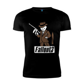 Мужская футболка премиум с принтом Fallout Man with gun , 92% хлопок, 8% лайкра | приталенный силуэт, круглый вырез ворота, длина до линии бедра, короткий рукав | fallout | логотип | постапокалиптические | фаллаут | фоллаут