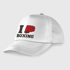 Детская кепка тракер с принтом i love boxing - я люблю бокс , Козырек - 100% хлопок. Кепка - 100% полиэстер, Задняя часть - сетка | универсальный размер, пластиковая застёжка | sport | боксер | боксировать | кулак | ринг | рука | спорт | спортсмен | удар