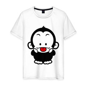 Мужская футболка хлопок с принтом Веселая обезьянка , 100% хлопок | прямой крой, круглый вырез горловины, длина до линии бедер, слегка спущенное плечо. | Тематика изображения на принте: веселая | веселая обезьянка | животные | обезьяна | обезьянка | прикольные картинки