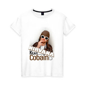 Женская футболка хлопок с принтом Kurt Cobain в очках , 100% хлопок | прямой крой, круглый вырез горловины, длина до линии бедер, слегка спущенное плечо | kurt cobain | kurt cobain в очках | nirvana | музыка | нирвана
