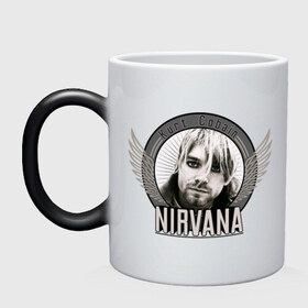 Кружка хамелеон с принтом Kurt Cobain с крыльями , керамика | меняет цвет при нагревании, емкость 330 мл | kurt cobain | nirvana | группы | курт кобейн | музыка | музыкальные группы. курт | нирвана