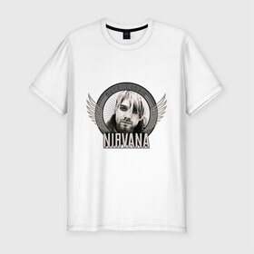 Мужская футболка премиум с принтом Kurt Cobain с крыльями , 92% хлопок, 8% лайкра | приталенный силуэт, круглый вырез ворота, длина до линии бедра, короткий рукав | kurt cobain | nirvana | группы | курт кобейн | музыка | музыкальные группы. курт | нирвана