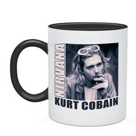 Кружка двухцветная с принтом Nirvana- Kurt Cobain , керамика | объем — 330 мл, диаметр — 80 мм. Цветная ручка и кайма сверху, в некоторых цветах — вся внутренняя часть | kurt cobain | nirvana | группы | курт кобейн | музыка | музыкальные группы. курт | нирвана