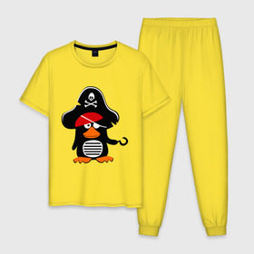 Мужская пижама хлопок с принтом Пингвин - тусовщик , 100% хлопок | брюки и футболка прямого кроя, без карманов, на брюках мягкая резинка на поясе и по низу штанин
 | пингвин | пират