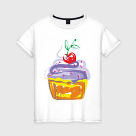 Женская футболка хлопок с принтом кексик , 100% хлопок | прямой крой, круглый вырез горловины, длина до линии бедер, слегка спущенное плечо | вишенка | еда | кексик | пироженка | сладости | тортики