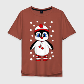 Мужская футболка хлопок Oversize с принтом Пингвин в снегу , 100% хлопок | свободный крой, круглый ворот, “спинка” длиннее передней части | пингвин