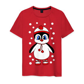 Мужская футболка хлопок с принтом Пингвин в снегу , 100% хлопок | прямой крой, круглый вырез горловины, длина до линии бедер, слегка спущенное плечо. | Тематика изображения на принте: пингвин