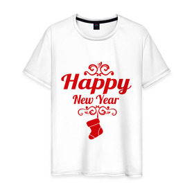 Мужская футболка хлопок с принтом Happy new year, носок , 100% хлопок | прямой крой, круглый вырез горловины, длина до линии бедер, слегка спущенное плечо. | Тематика изображения на принте: 2013 | happy new year | new year | год змеи | дед мороз | новый год