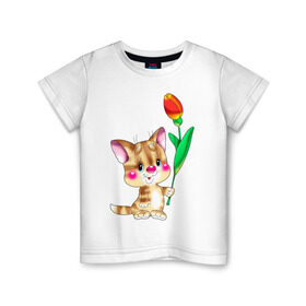 Детская футболка хлопок с принтом КОТ С ТЮЛЬПАНОМ , 100% хлопок | круглый вырез горловины, полуприлегающий силуэт, длина до линии бедер | детские | животные | звери | зверушка | киса | котенок | котик | цветок | цветочек