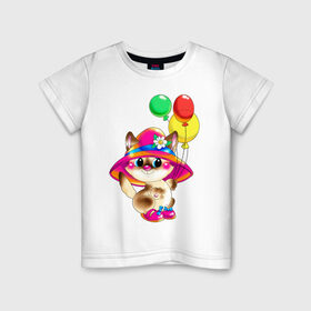 Детская футболка хлопок с принтом КИСКА В ШЛЯПЕ , 100% хлопок | круглый вырез горловины, полуприлегающий силуэт, длина до линии бедер | в шляпе | воздушные шарики | детские | животные | звери | зверушка | киса | котенок | шары