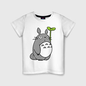 Детская футболка хлопок с принтом TOTORO с листом , 100% хлопок | круглый вырез горловины, полуприлегающий силуэт, длина до линии бедер | totoro | totoro с листом | аниме | тоторо