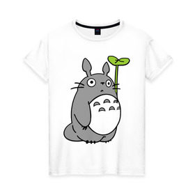 Женская футболка хлопок с принтом TOTORO с листом , 100% хлопок | прямой крой, круглый вырез горловины, длина до линии бедер, слегка спущенное плечо | totoro | totoro с листом | аниме | тоторо