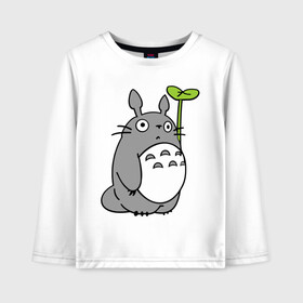 Детский лонгслив хлопок с принтом TOTORO с листом , 100% хлопок | круглый вырез горловины, полуприлегающий силуэт, длина до линии бедер | totoro | totoro с листом | аниме | тоторо