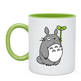 Кружка двухцветная с принтом TOTORO с листом , керамика | объем — 330 мл, диаметр — 80 мм. Цветная ручка и кайма сверху, в некоторых цветах — вся внутренняя часть | totoro | totoro с листом | аниме | тоторо