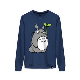 Женский свитшот хлопок с принтом TOTORO с листом , 100% хлопок | прямой крой, круглый вырез, на манжетах и по низу широкая трикотажная резинка  | totoro | totoro с листом | аниме | тоторо