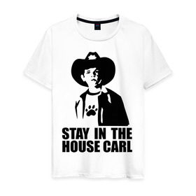 Мужская футболка хлопок с принтом Walking dead - stay in the house Carl , 100% хлопок | прямой крой, круглый вырез горловины, длина до линии бедер, слегка спущенное плечо. | зомби