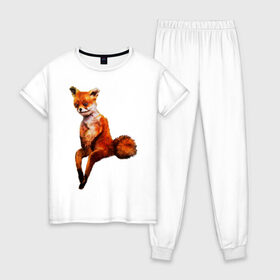 Женская пижама хлопок с принтом Лис , 100% хлопок | брюки и футболка прямого кроя, без карманов, на брюках мягкая резинка на поясе и по низу штанин | лиса