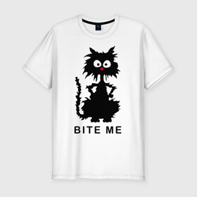 Мужская футболка премиум с принтом Bite me (черный кот) , 92% хлопок, 8% лайкра | приталенный силуэт, круглый вырез ворота, длина до линии бедра, короткий рукав | киса | котенок