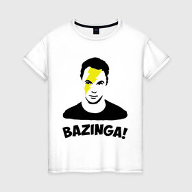 Женская футболка хлопок с принтом Sheldon Bazinga , 100% хлопок | прямой крой, круглый вырез горловины, длина до линии бедер, слегка спущенное плечо | big bang theory | бугагашенька | кураж бамбей | сериал | тбв | телесериал | теория большого взрыва | шелдон купер