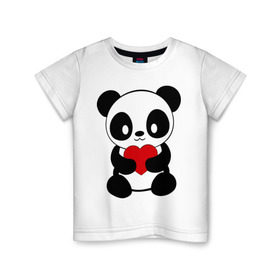 Детская футболка хлопок с принтом Пандочка с сердцем , 100% хлопок | круглый вырез горловины, полуприлегающий силуэт, длина до линии бедер | панда