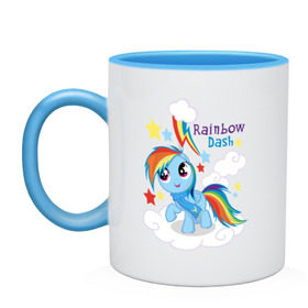 Кружка двухцветная с принтом Rainbow Dash , керамика | объем — 330 мл, диаметр — 80 мм. Цветная ручка и кайма сверху, в некоторых цветах — вся внутренняя часть | Тематика изображения на принте: dash | pony | rainbow | rainbow dash | детские | мой маленький пони | пони