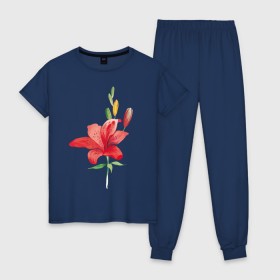 Женская пижама хлопок с принтом Red lily , 100% хлопок | брюки и футболка прямого кроя, без карманов, на брюках мягкая резинка на поясе и по низу штанин | Тематика изображения на принте: 8 марта | букет | красная лилия | лилия | международный женский день | цветы