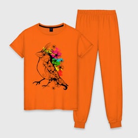 Женская пижама хлопок с принтом Birdie , 100% хлопок | брюки и футболка прямого кроя, без карманов, на брюках мягкая резинка на поясе и по низу штанин | 8 марта | подарок | птица | птичка | разноцветные | цветы
