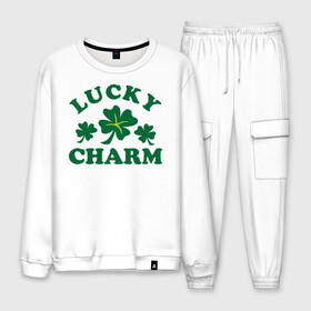 Мужской костюм хлопок с принтом Lucky charm - клевер , 100% хлопок | на свитшоте круглая горловина, мягкая резинка по низу. Брюки заужены к низу, на них два вида карманов: два “обычных” по бокам и два объемных, с клапанами, расположенные ниже линии бедра. Брюки с мягкой трикотажной резинкой на поясе и по низу штанин. В поясе для дополнительного комфорта — широкие завязки | patricks day | saint patricks day | день патрика | день святого патрика | клевер | четырехлистный клевер