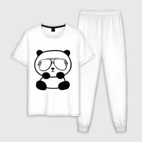 Мужская пижама хлопок с принтом панда в очках авиатор , 100% хлопок | брюки и футболка прямого кроя, без карманов, на брюках мягкая резинка на поясе и по низу штанин
 | панда