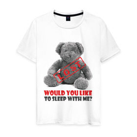 Мужская футболка хлопок с принтом I got lost my Teddy bear, would you like to sleep with me? , 100% хлопок | прямой крой, круглый вырез горловины, длина до линии бедер, слегка спущенное плечо. | Тематика изображения на принте: любовь | медвежонок | мишка | мишутка | переспать | постель
