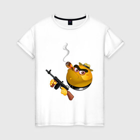 Женская футболка хлопок с принтом Smile Gangster , 100% хлопок | прямой крой, круглый вырез горловины, длина до линии бедер, слегка спущенное плечо | smile gangster | автомат | колобок | оружие | смайл гангстер